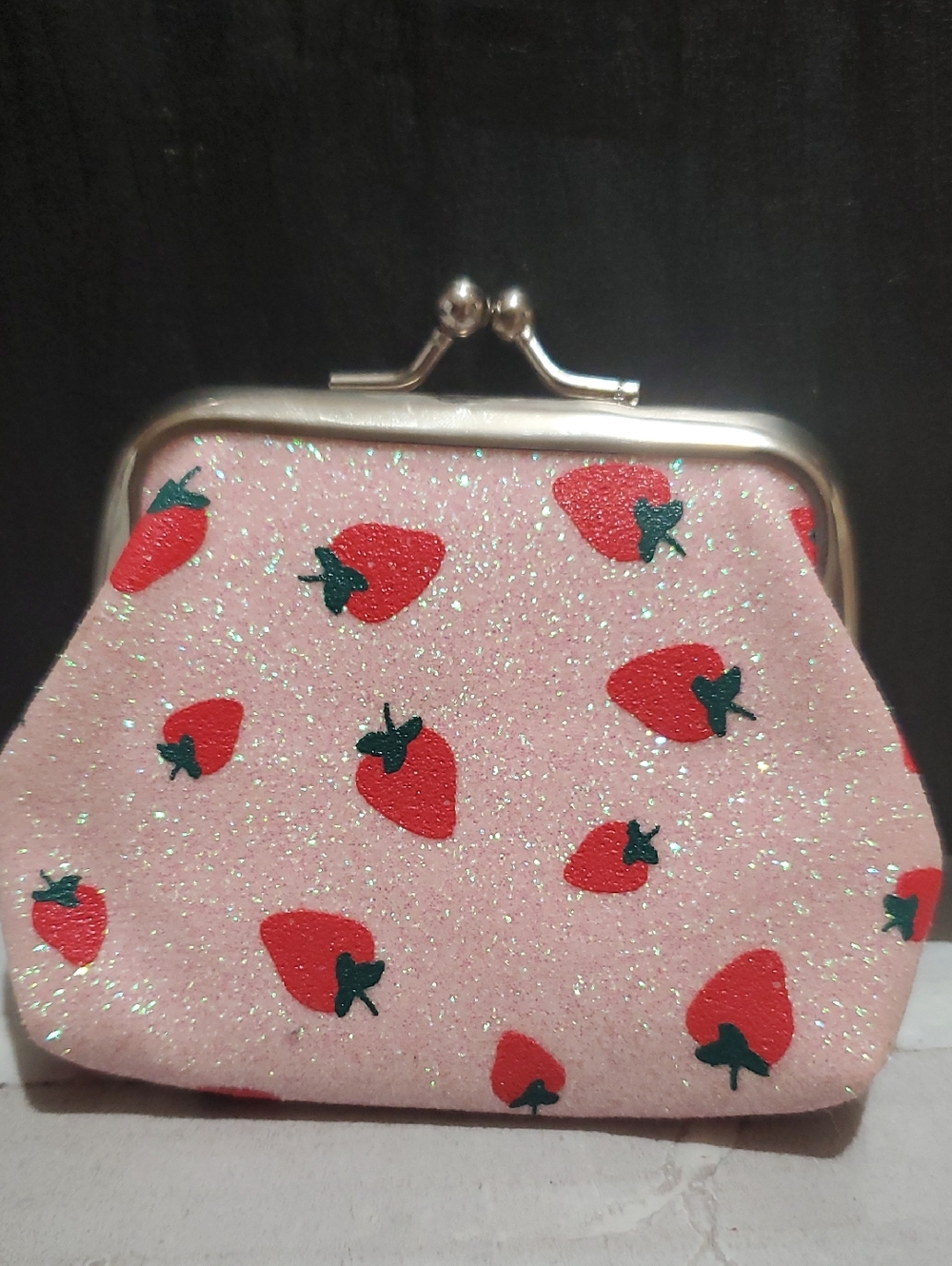 Pink Glitter Strawberry Kiss-Lock Coin Purse